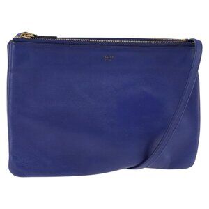 Authentic CELINE Trio large Shoulder Bag Leather Blue Gold